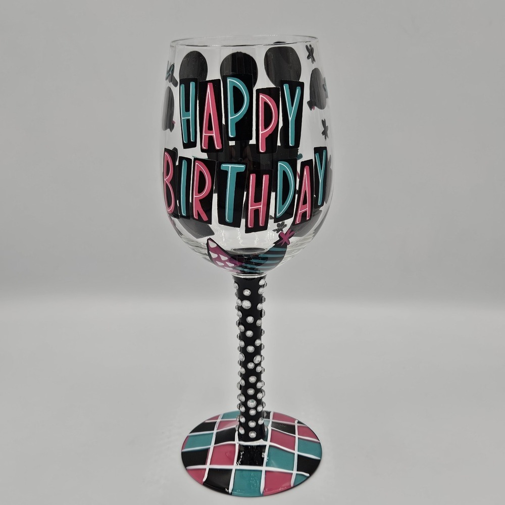 Lolita Happy Birthday Wine Glass Hand Painted Recipe Glass Rhinestone Stem